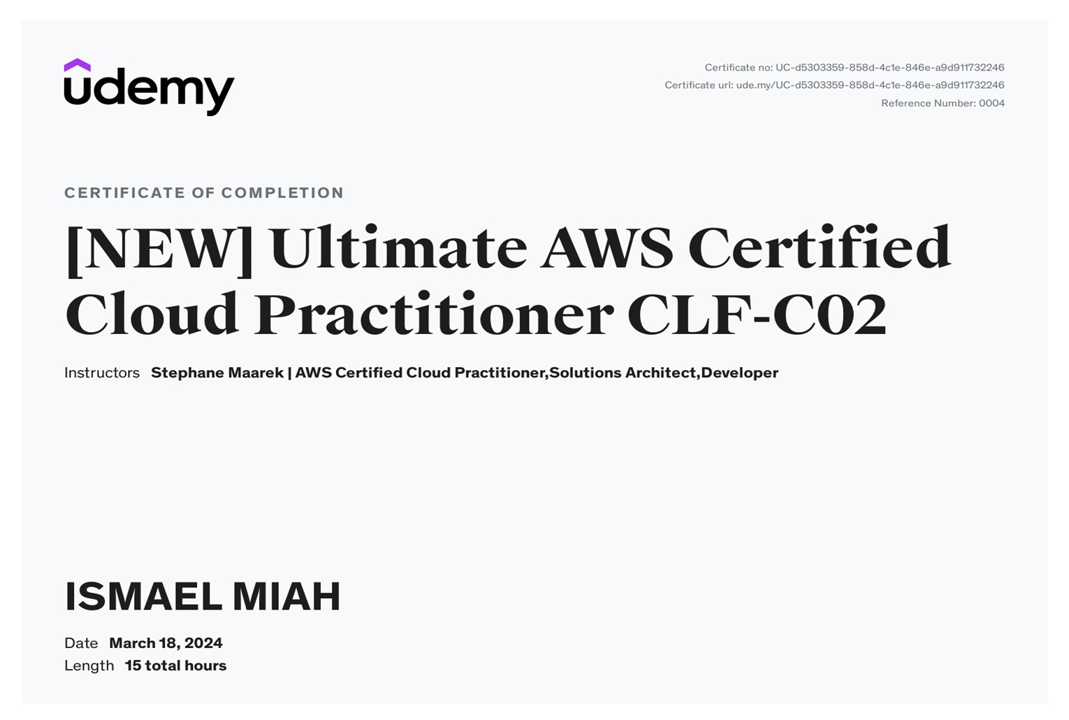 Udemy AWS Course Completion Certificate
